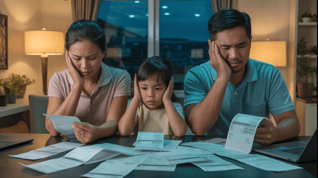 Family at a table covered in bills and documents, looking worried and overwhelmed