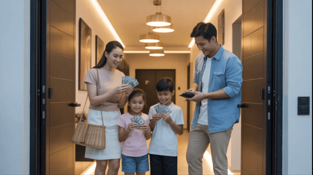 Smiling family in a modern home holding cash, representing financial success